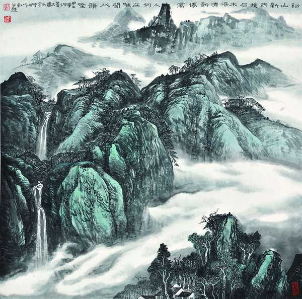 刘武　溪山新雨后　石木倍清新　烟寓人何在　唯问水韵唫　68cm×68cm
